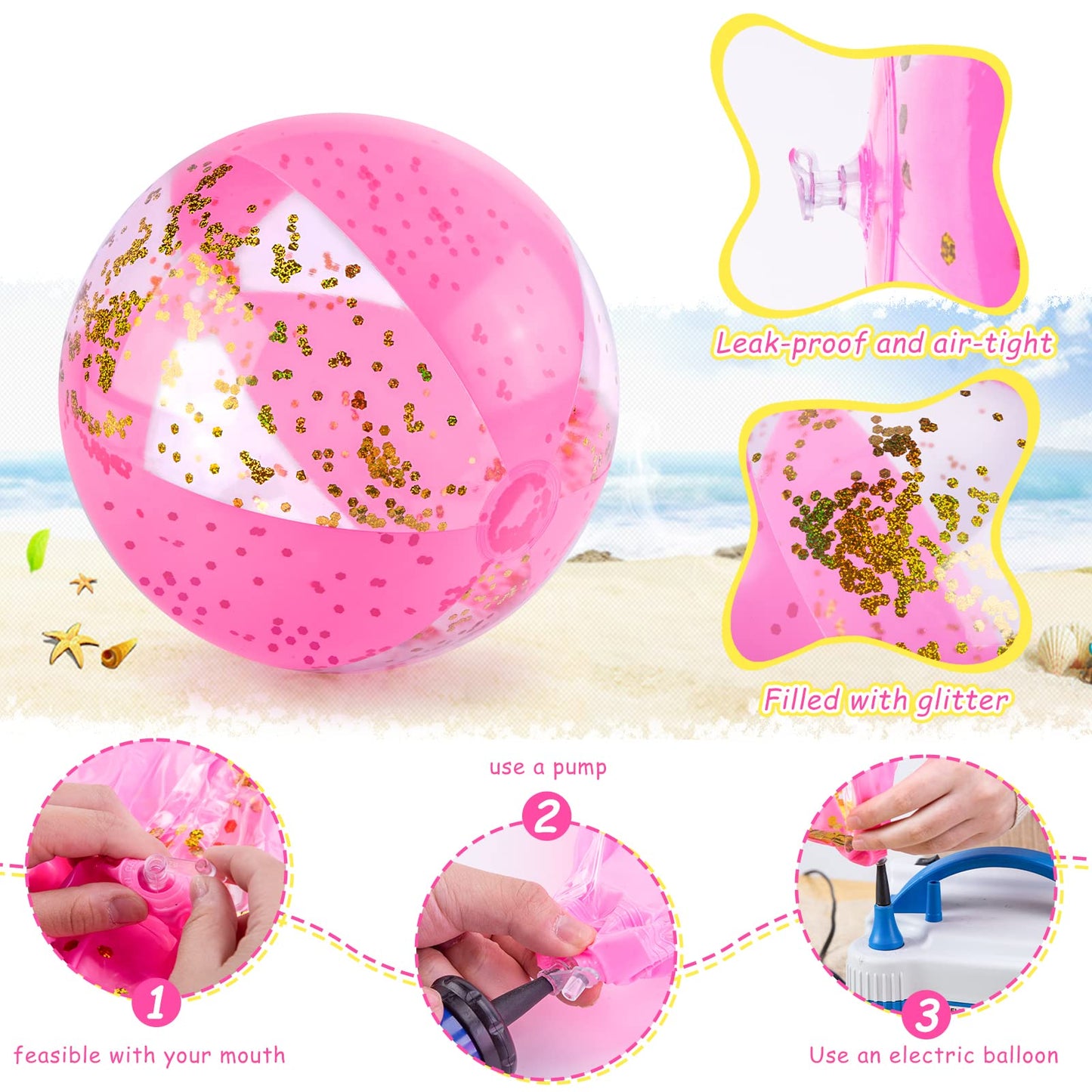 AMOR PRESENT Beach Ball, 16" Glitter Inflatable Beach Balls for Kids & Toddlers Pool Game, Summer Party Favors