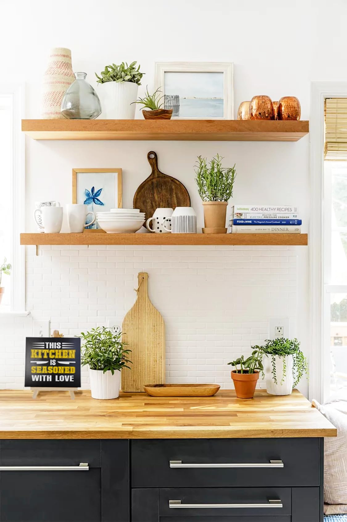 Rustic Farmhouse Kitchen Decor Set - 5-Piece Wooden Signs with Funny & Inspirational Quotes, Free-Standing Shelf & Tabletop Decor for Counter, Dining Room, Cafe - Housewarming Gift for Chef, Home