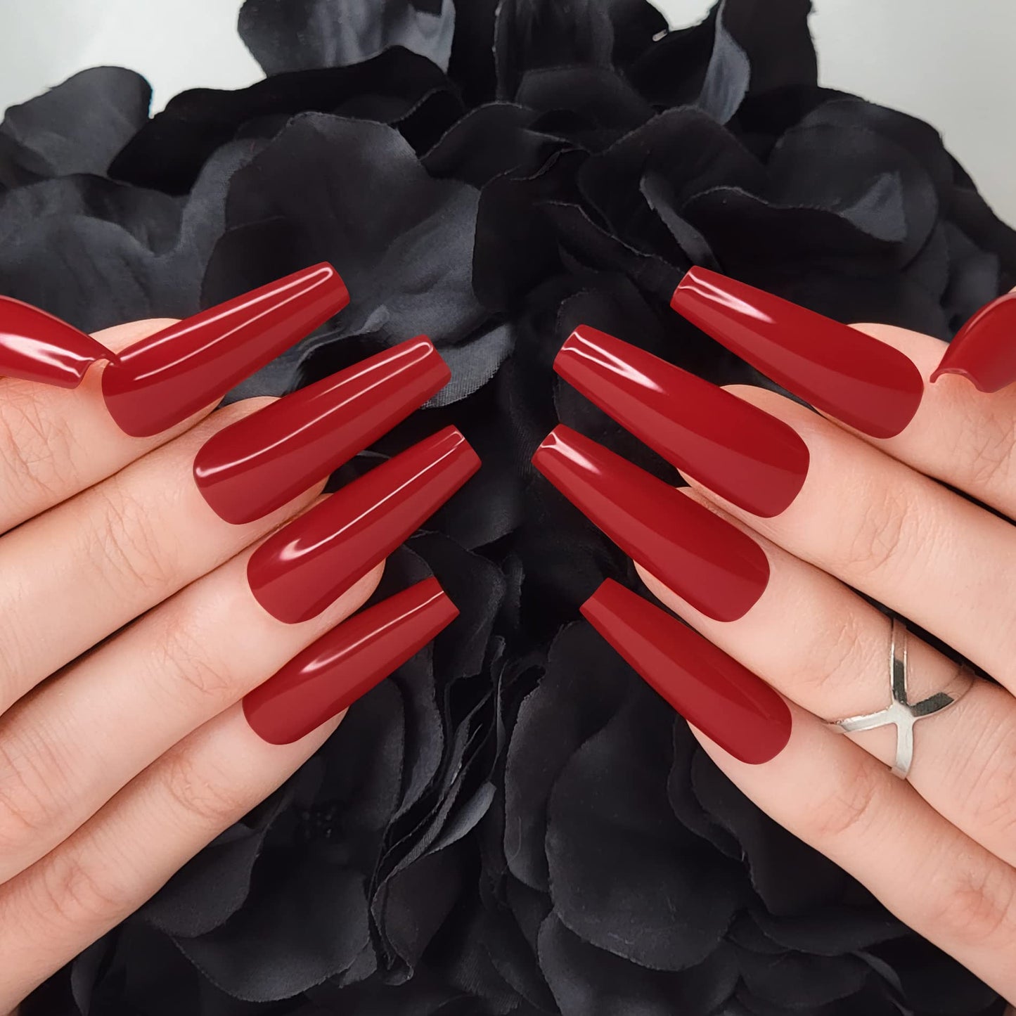 Hypnaughty 24 Pcs Passion Red Gloss Extra Long Press On Nails and Glue XL Reusable Solid Color Crimson Red False Nails (Passion)