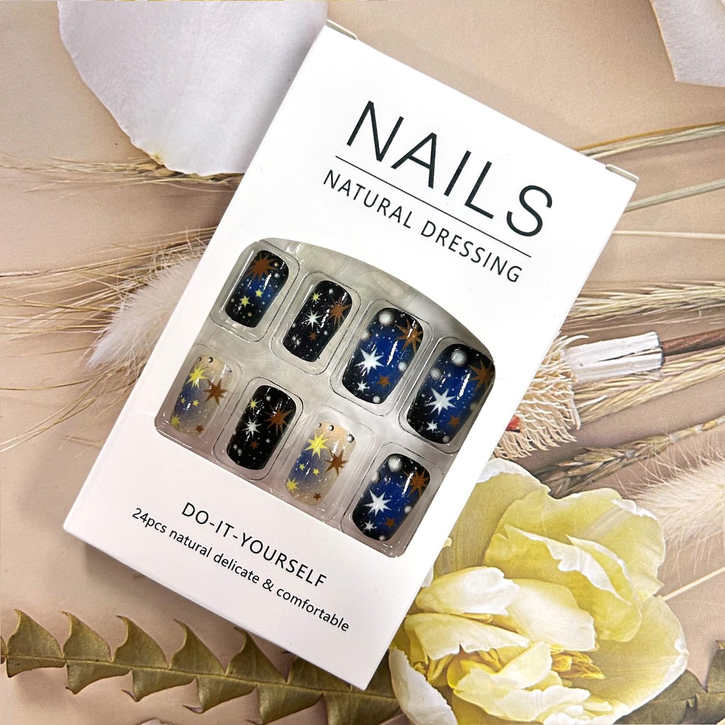Press on Nails Medium Square Blue Starry Sky Smudge False Nails Gold Stars Pattern Design Artificial Nails Press Nails with Charm Full Cover Stick on Nails Acrylic Glossy Glue on Nails for Women