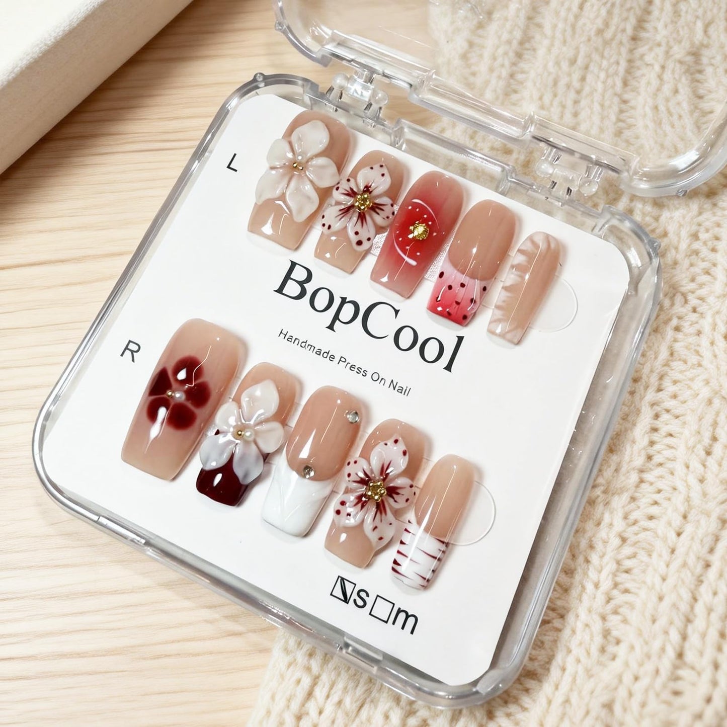 Nude Pink Handmade Press On Nails – Long Coffin Rhinestone & Flower Fake Nails, Full Cover Thick Acrylic & Multi-Layer Gel Stick On Nails Spring Pattern (M-10PCS)