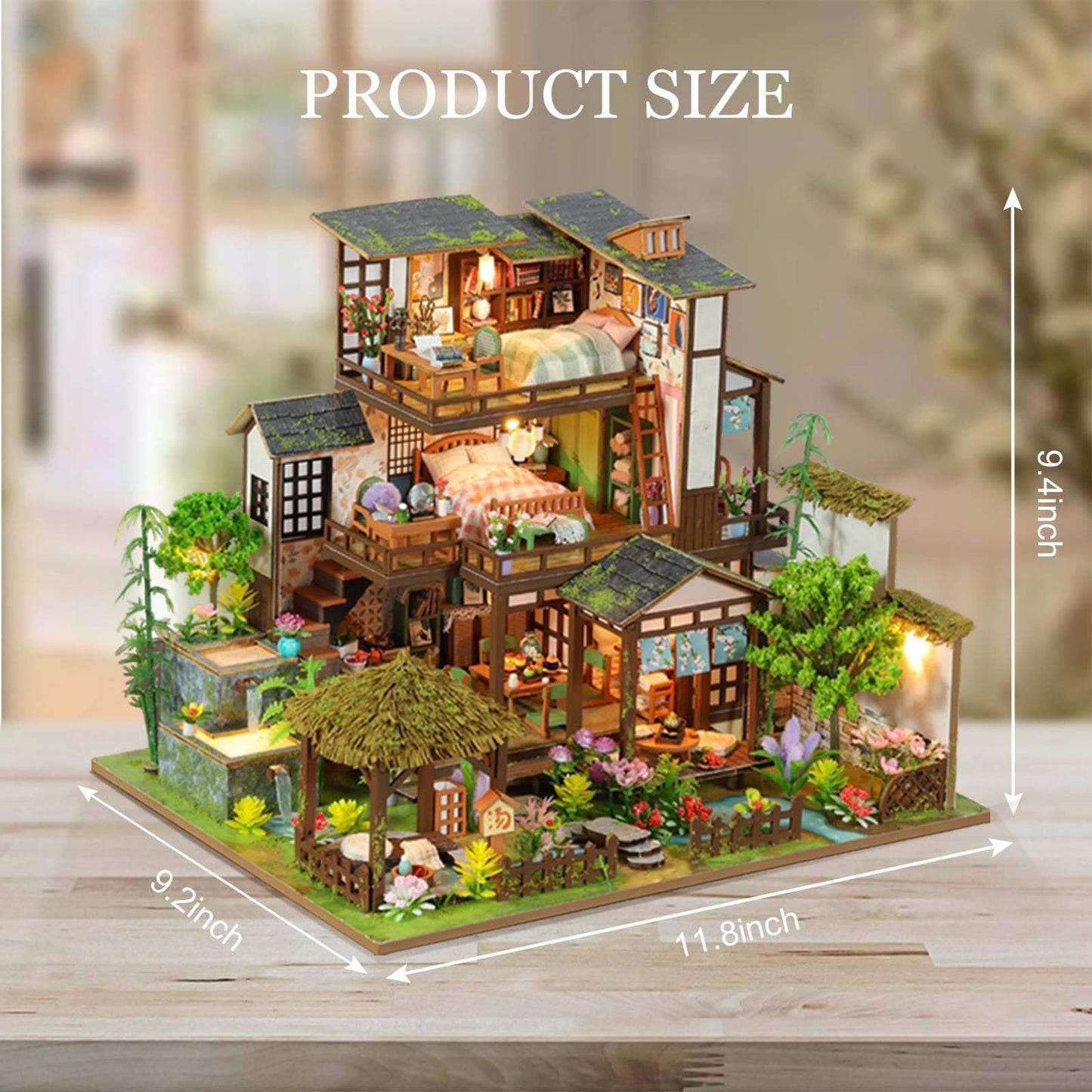Foyucool Miniature House Kit, Tiny House Kit with Light, DIY Mini House Building Kits for Adults to Building, Unique Gift for Birthday Mother's Day, Bamboo Spring Courtyard