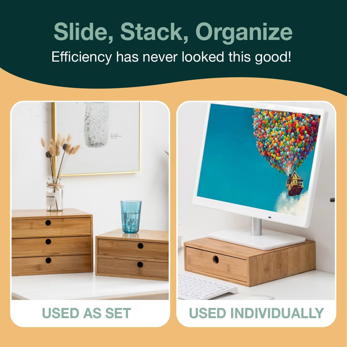 Modular Stackable Set of 3 Bamboo Organizer Desktop Drawers - 1, 2, 3 = 6 Drawers Total Storage Organizer for Desk Accessories, Office Supplies, Makeup Storage - Tabletop Wood Box Stackable Drawers