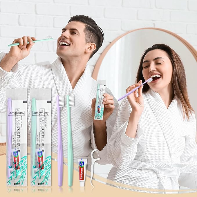 Disposable Toothbrushes, Toothbrush and Toothpaste, Toothbrush and Toothpaste Travel, Comes with Floss Picks, Individually Packaged, 2 Colors, Suitable for Hotel, Home, Camping, Travel (PACK-200)