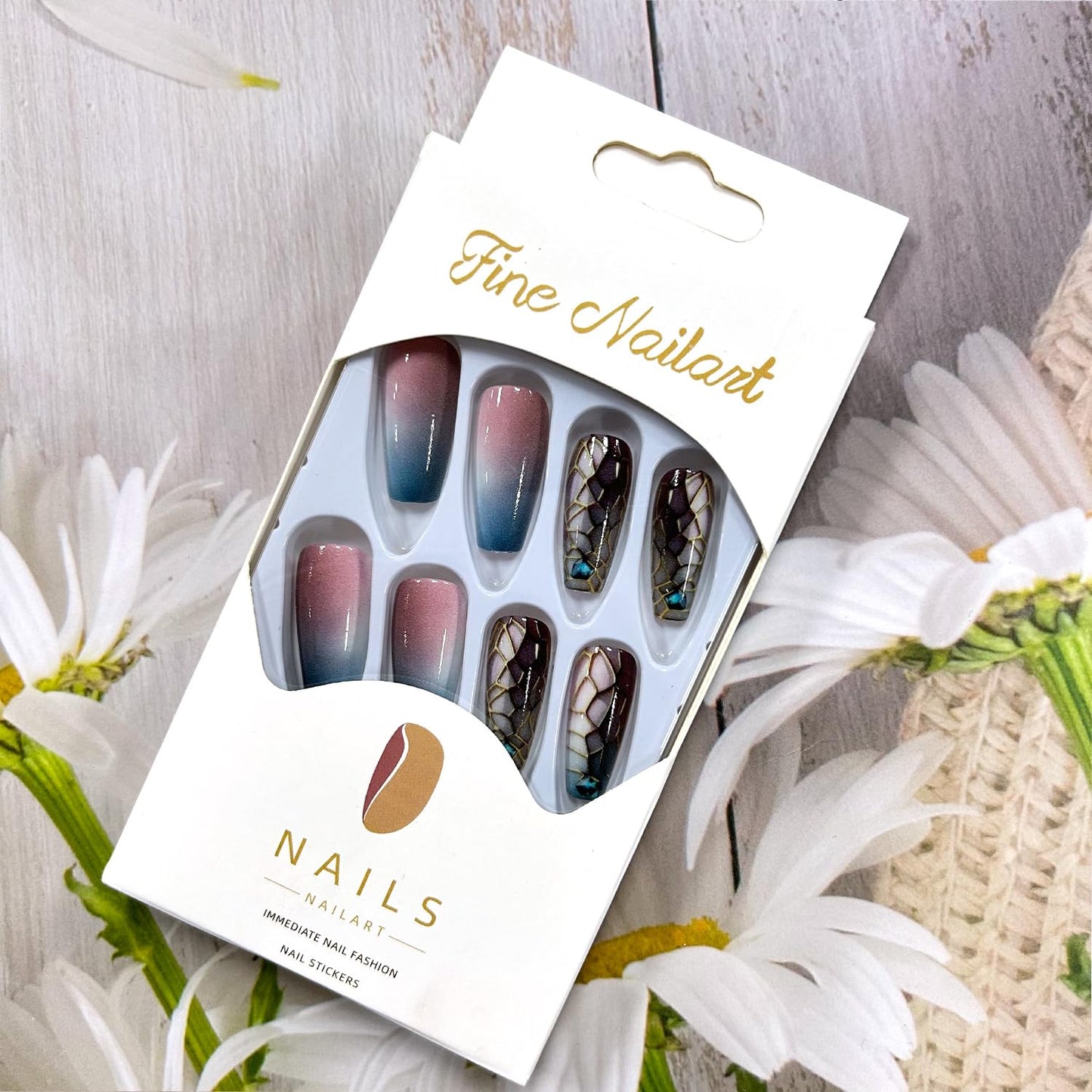 Pink Blue Gradient Press on Nails Medium Gold Mesh False Nails Blue Diamond Design Press Nails Full Cover Glossy Acrylic Nails Artificial Coffin Nails Ballet Shaped Stick on Nails for Women 24Pcs