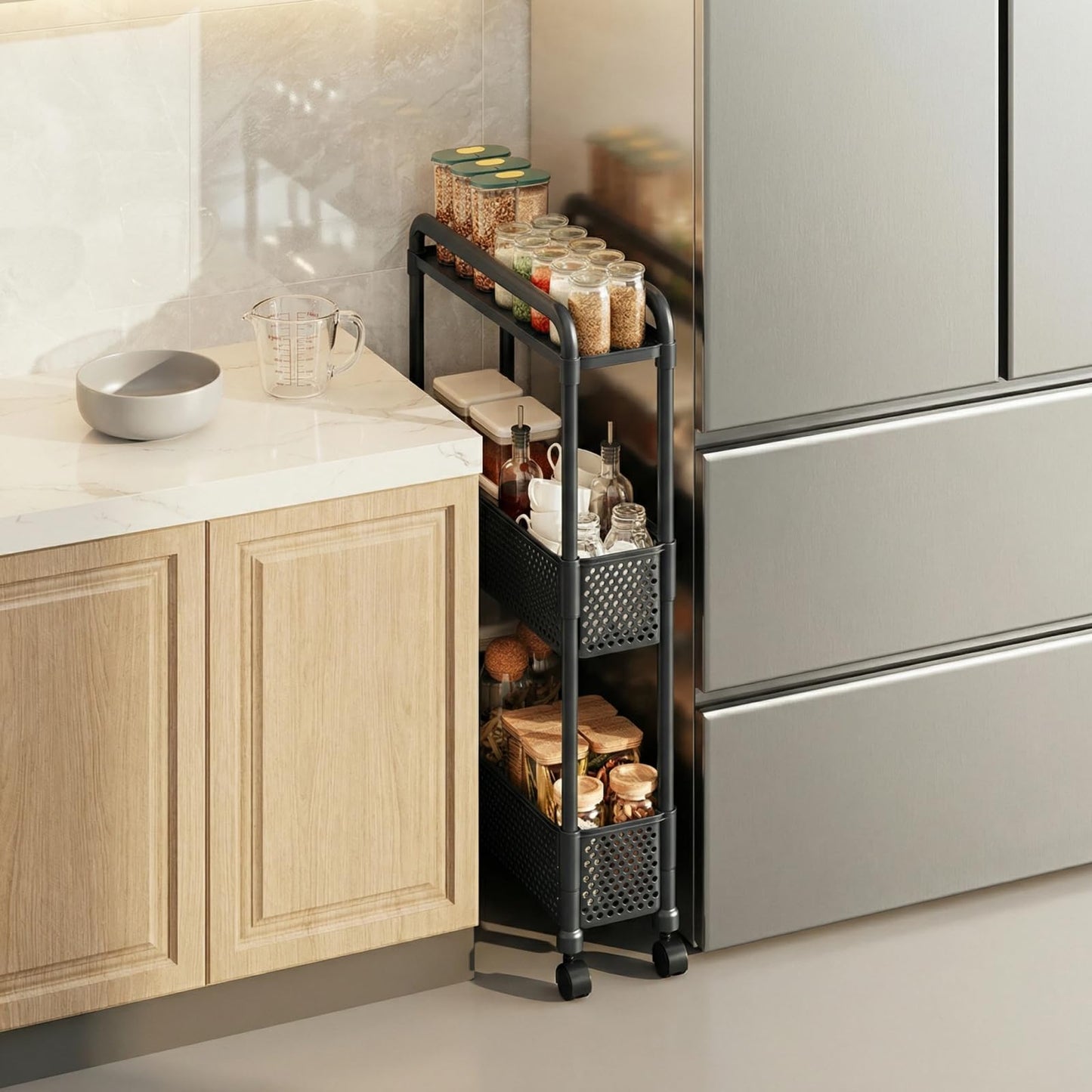 runsfeld Slim Storage Cart, Kitchen Gap Storage, Multi-Layer Organizer with 360° Swivel Wheels for Kitchen Bathroom (Black,3 Tier)