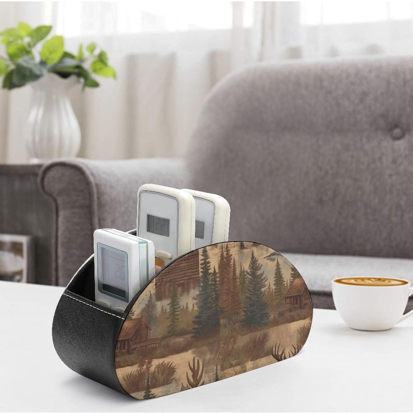 DWVSFJM Rustic Lodge Bear Moose Remote Control Holder Desk Storage Organizer Box PU Leather Remote Caddy with 5 Compartments Fashionable Pen Storage Box Modern Desktop Organizer