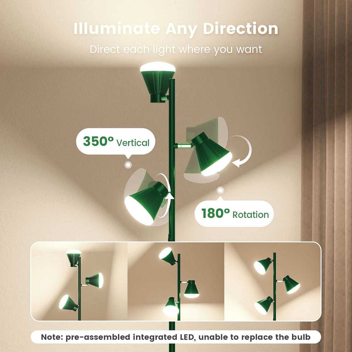 36W LED Tree Floor Lamp, Dimmable Tall Standing Lamp with Remote & Touch Control, 4 Color Temperatures Bright Floor Lamp, 3 Rotatable Light Modern Floor Lamps (Green)