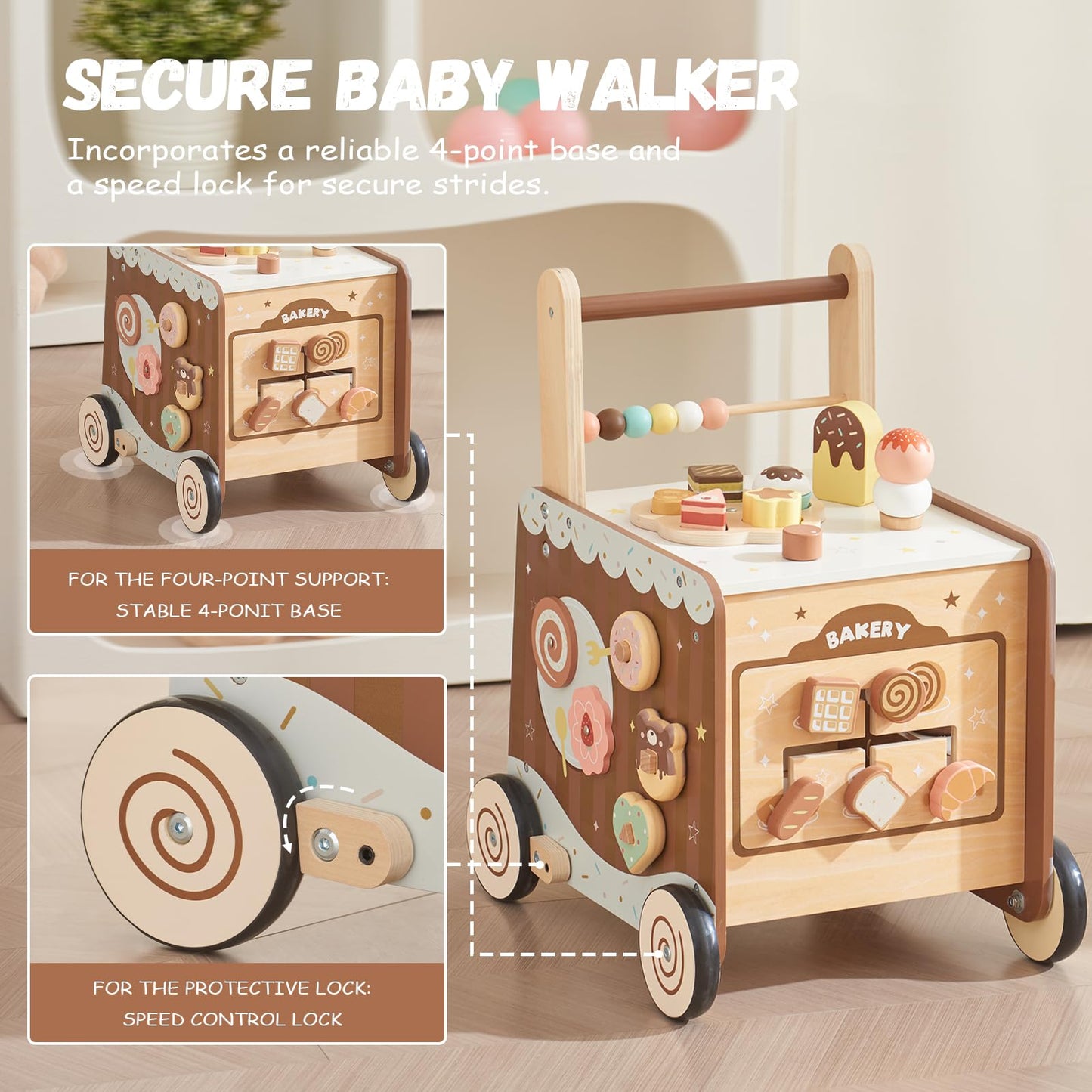 Wooden Baby Walker Push Walker with Adjustable Speed, Montessori Bakery Toy Walker with Coffee Machine & Play Food for 1 Year Old, First Birthday Gift