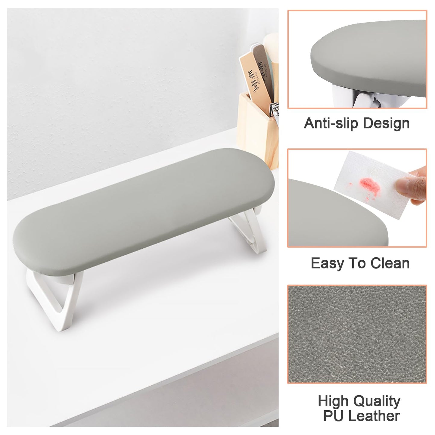 Subay Arm Rest for Nails Tech, Foldable PU Leather Nail Hand Rest for Hand Holder, Nail Stand Pillow with Nail Art Desk Mat for Manicure, Nail Supplies Tech for Salon Home Use - Dark Grey