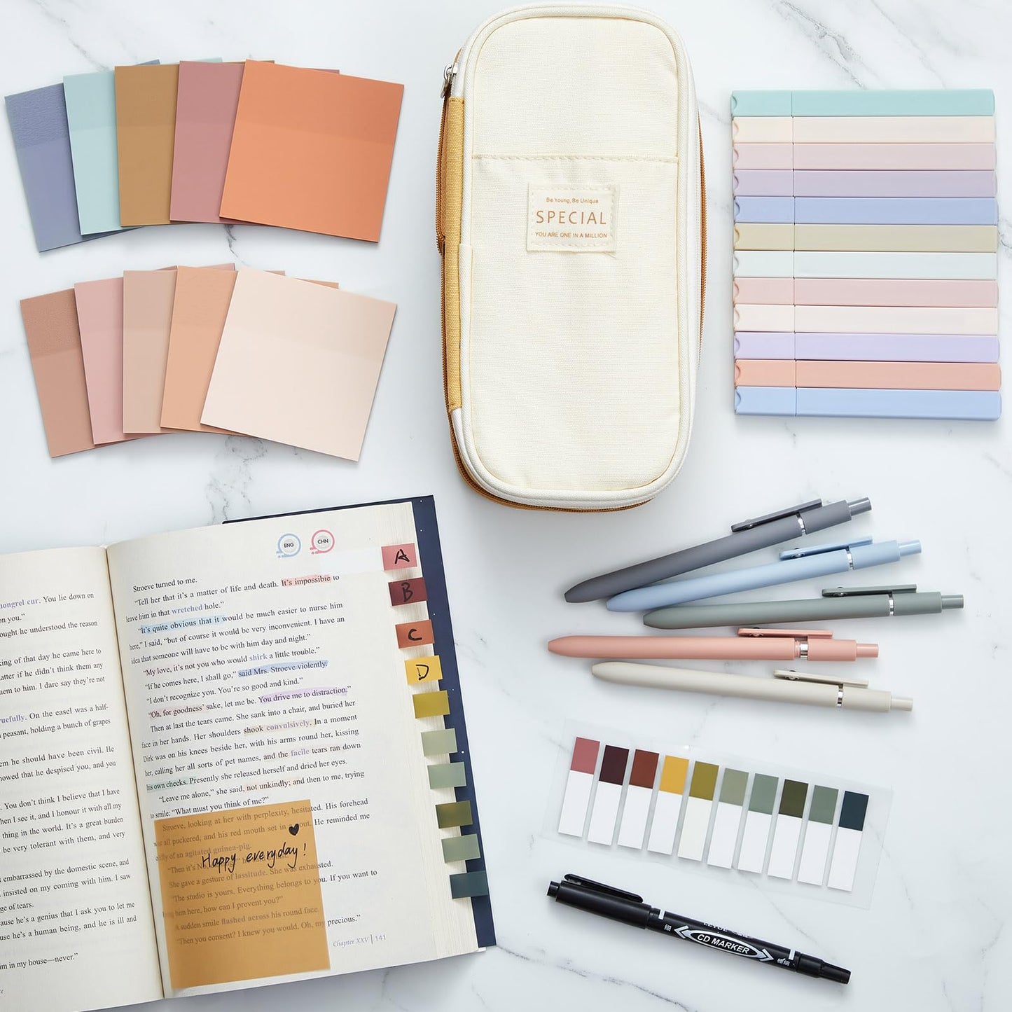 Jutom 39 Pcs Aesthetic Book Annotation Kit Highlighter with Pencil Case Bag Gel Pen Transparent Sticky Note Taking Bible Study College School Supplies(Khaki,Cute Style)