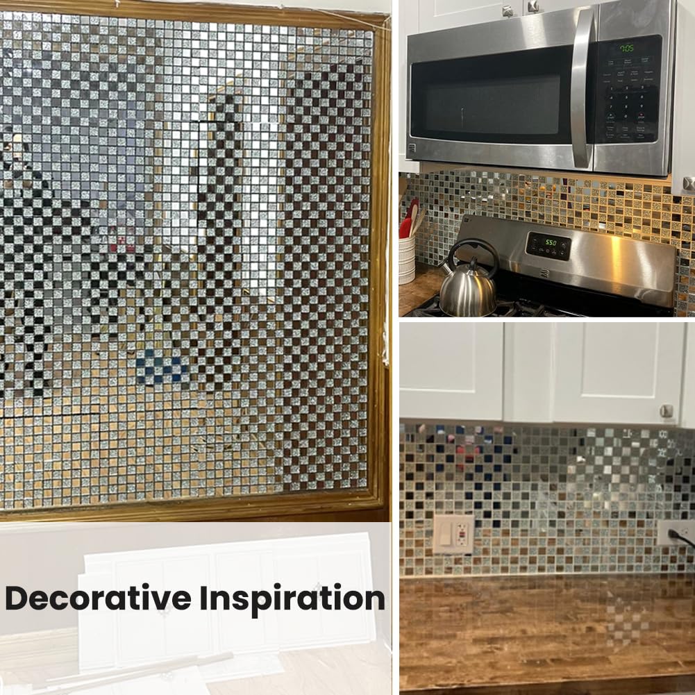 Adedeo Crystal Diamond Mirror Mosaic Tile Square Glass Mosaic Tile for Kitchen Backsplash Bathroom Wall (6 Sheets, Silver Square Flat Mirror)