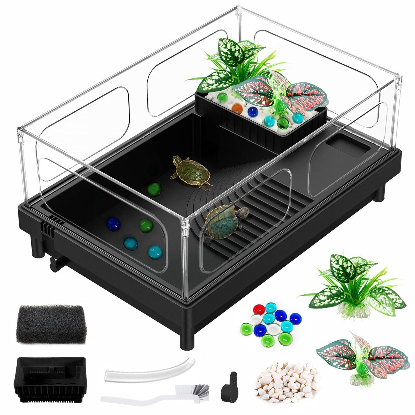 GOZILLA Small Turtle Tank Starter Kit, Acrylic Turtle Aquarium with Multi-Functional Areas for Turtles, Crabs, Crayfish, Small Reptiles. (Black Tank)