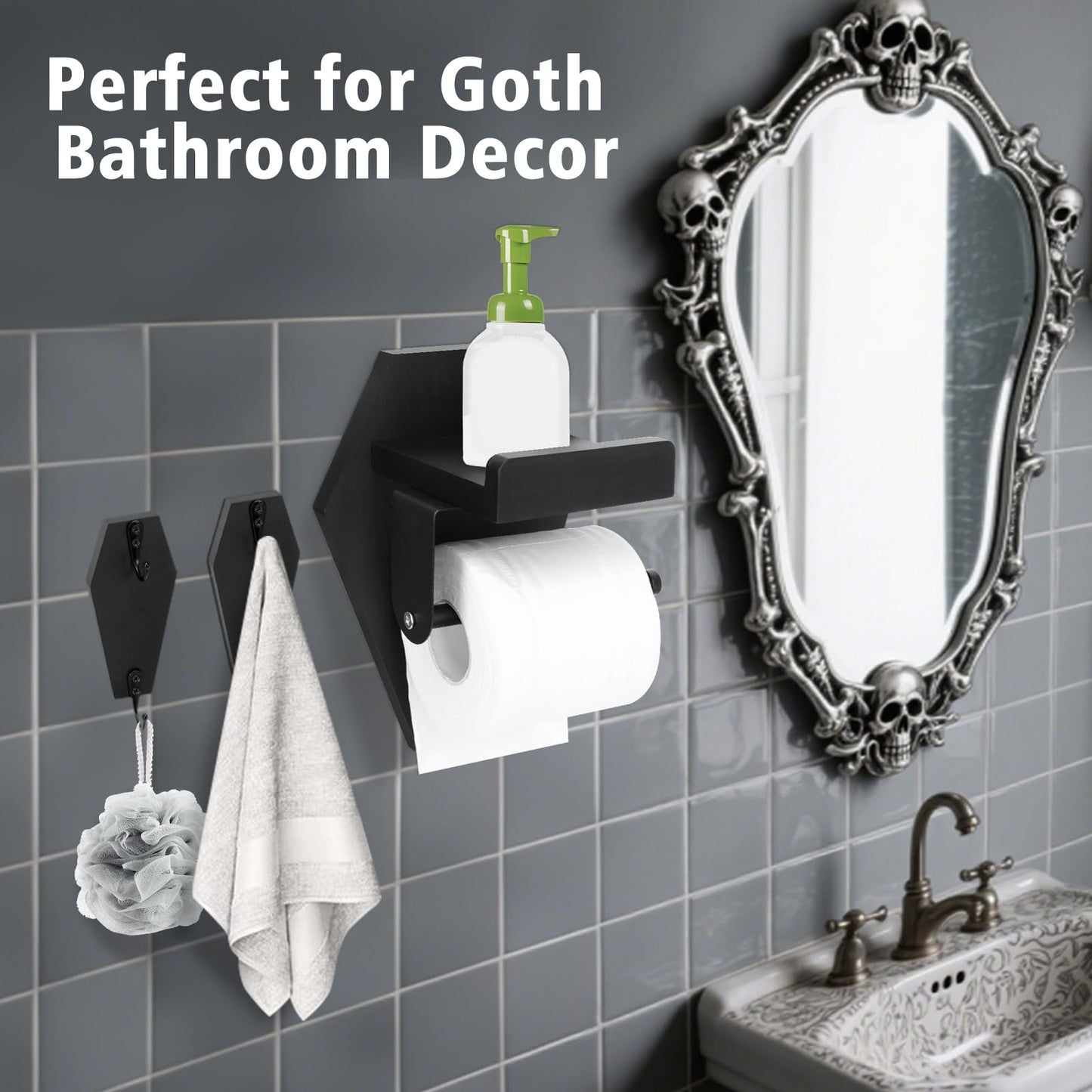 Goth Coffin Toilet Paper Holder with Phone Shelf - Black Wooden Gothic Holder, Funny Halloween Bathroom Decor, Spooky Gothic Coffin Decor, Ideal for Gothic Bathroom Decor (with Coffin Key Holder)