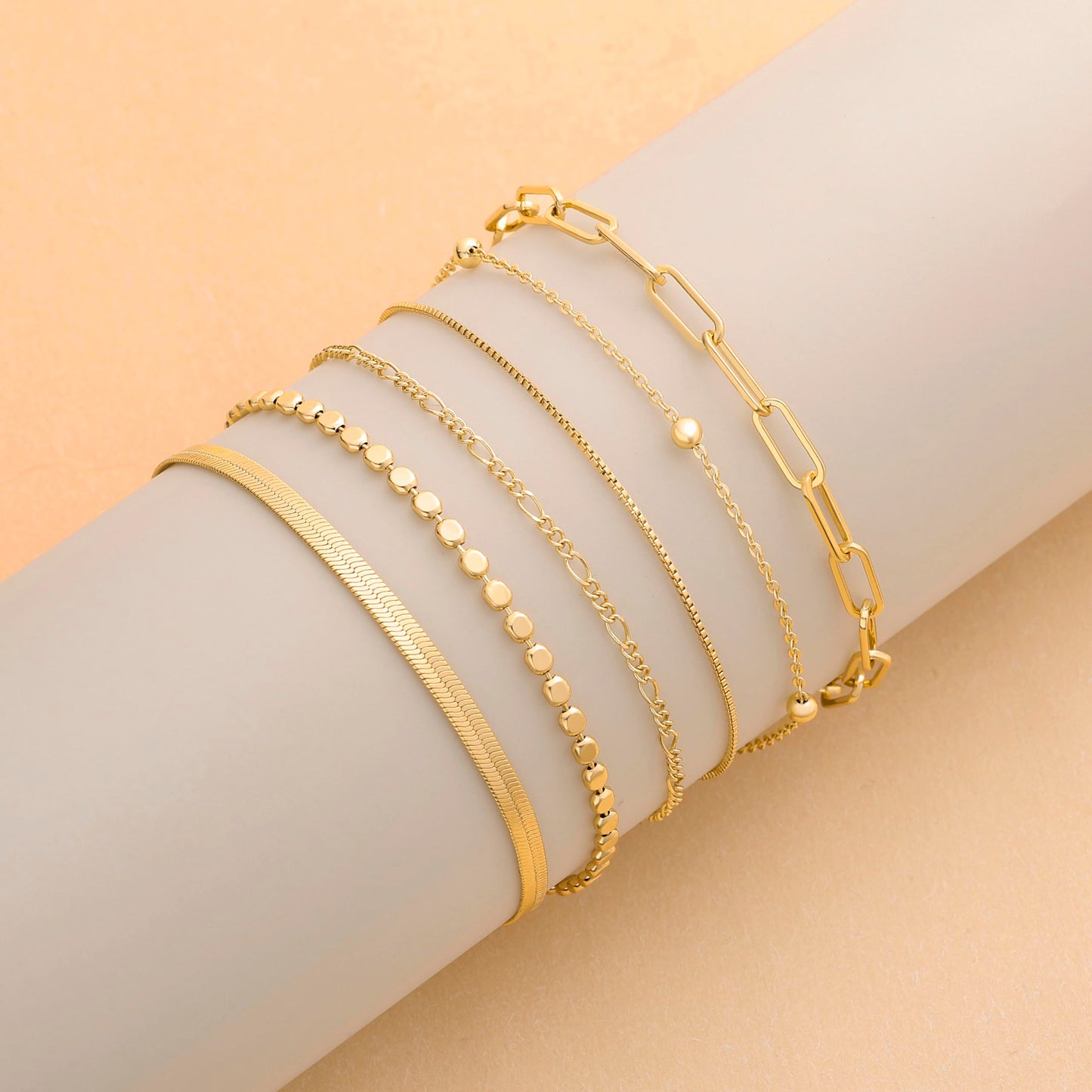DEARMAY 14K Gold Plated Bracelets Set for Womens Trendy Waterproof Dainty Gold Jewelry Fashion Stackable Beaded Figaro Herringbone Paperclip Link Box Chain Bracelet Pack Stack Gifts