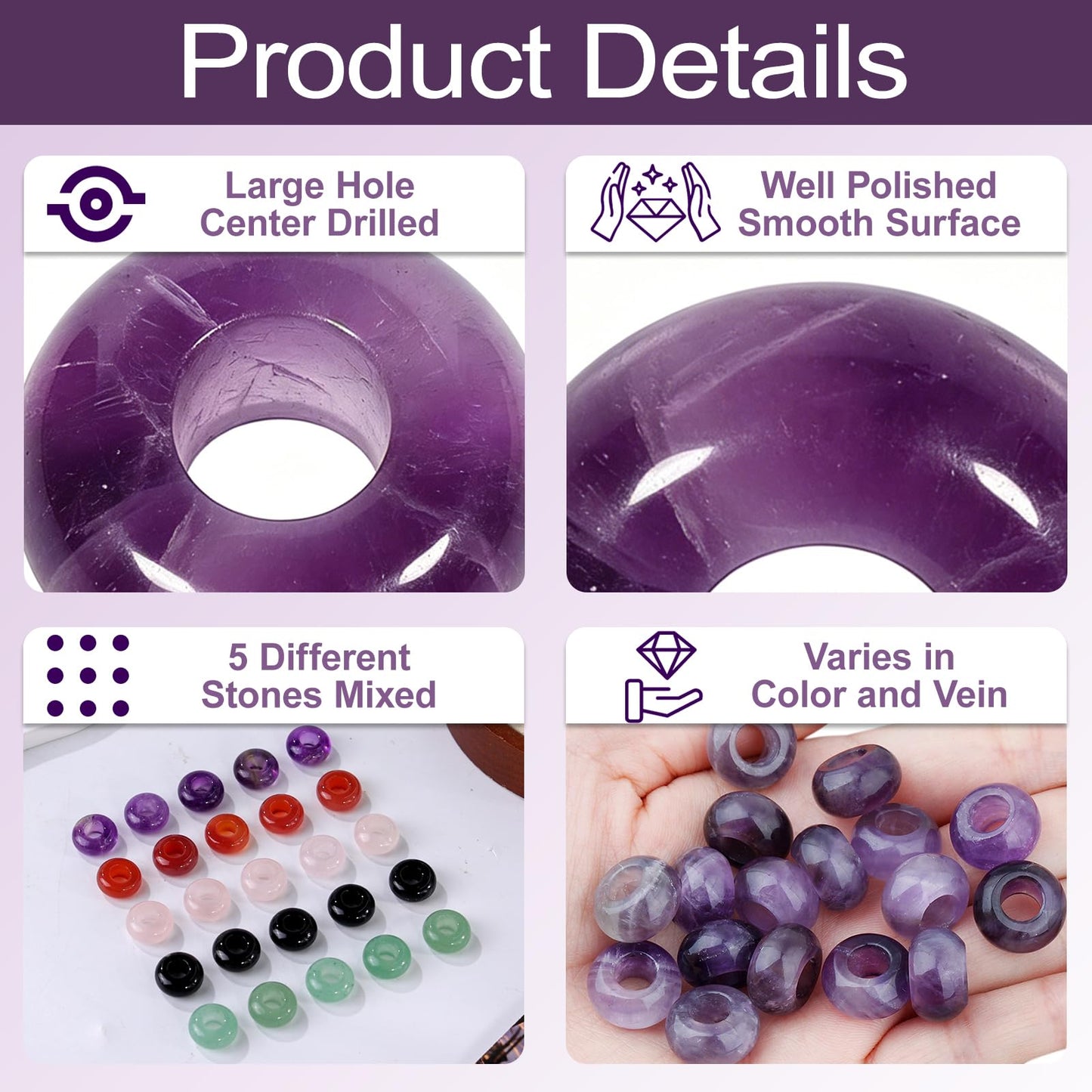 SUNYIK Assorted Crystal Stones Large Hole (6mm) Rondelle European Beads Fits Bracelet, Pack of 25, Opalite/Red Jasper/Sodalite/Picasso/Yellow Jade