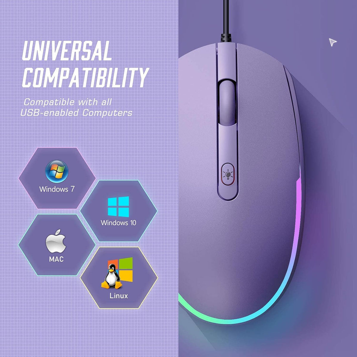 Seenda Wired Mouse - USB Computer Mouse with RGB Backlit Optical LED, Attached USB Cord for Laptops, Notebooks, Chromebook - Purple