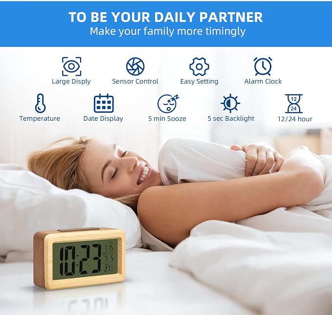 everwood Wooden Digital Battery Operated Alarm Clocks for Bedrooms
