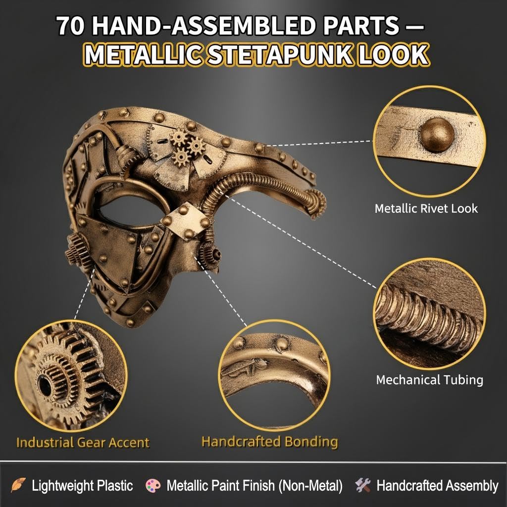 Ubauta Steampunk Cyborg Mask for Halloween: Handcrafted Plastic with Gold Metallic Finish - DIY Repair Strip & Adjustable Fit