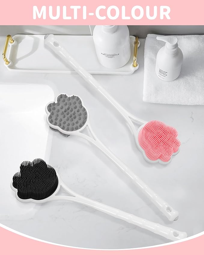 Manmihealth 15.7" Cute Silicone Back Scrubber with Long-Handle, Dual Use Back Brush for Shower with Super-Soft Silicone Bristles, Paw-Shaped Shower Body Scrubber for Sensitive Skin(Pink)