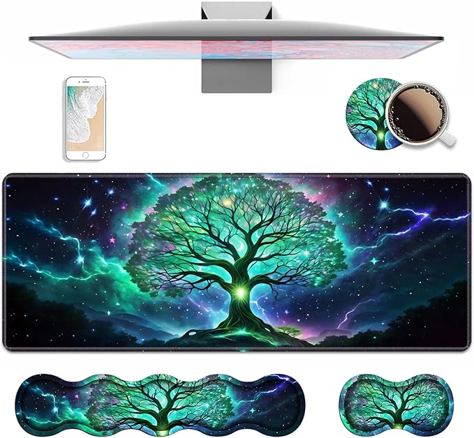 4 in 1 Ergonomic Keyboard Wrist Rest & Mouse Pad Wrist Rest Set, Large XXL Gaming Desk Mat 31.5"x 11.8" with Non-Slip Base, Memory Foam for Home Office Study Gaming, Tree of Life