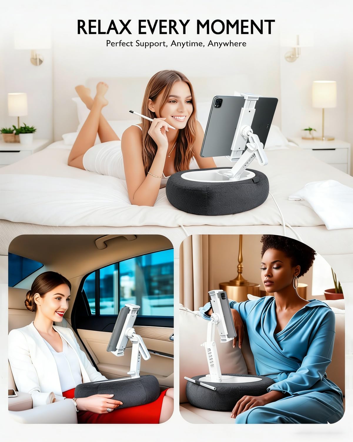 Miledi Tablet Pillow Stand, Compatible with 4.7"-12.9" Kindle, iPad, Phone/Tablet, 360° Rotating Phone Holder for Bed, Detachable Bowl, Reading and Relaxation on Bed (Black)
