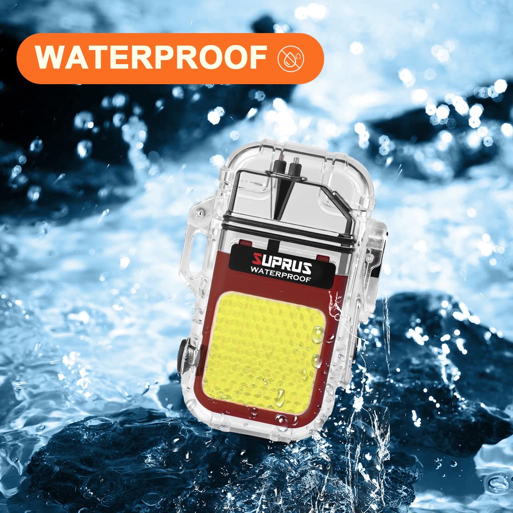 SUPRUS Waterproof 3 Modes of Flashlight Windproof Lighter Dual Arc Electric Rechargeable Dual Arc Plasma Lighter with Survival Emergency Whistle and Lanyard (Red)