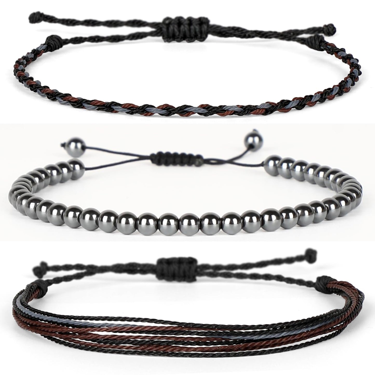 QOGIR Handmade Healing Bracelets,4mm Natural Hematite Gem Stone Beads Bracelet,for Men Women Gifts with 2PCS Size Adjustable Rope Bracelets