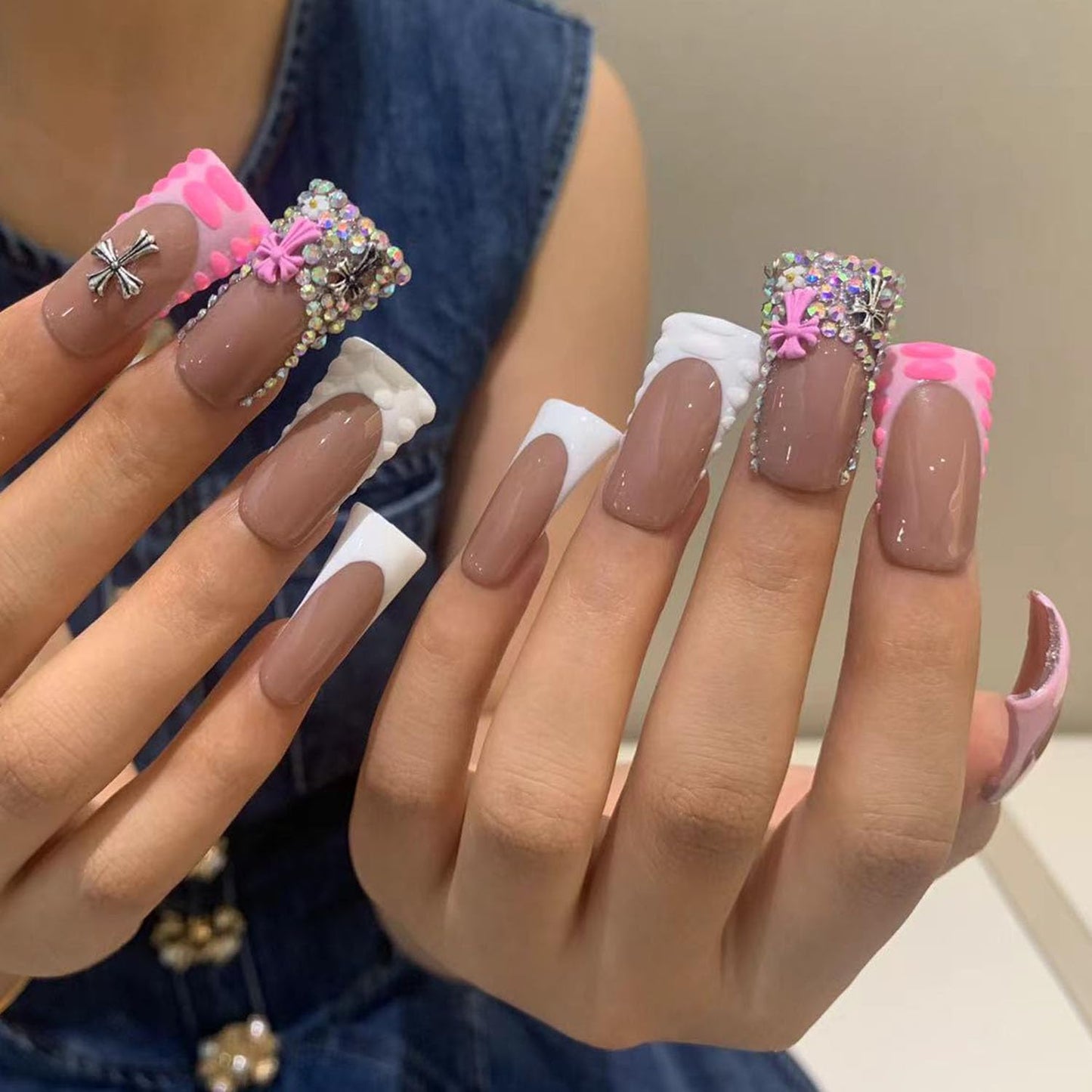 10PCS/SET Glamorous Handmade Press on nails Glitter Rhinestone Duck-Billed Party Nails Party Nails Artifical Tips