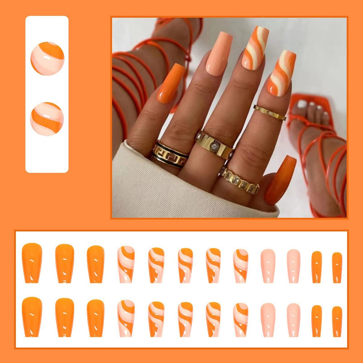 MISUD Press on Nails - Long Coffin Glue on Nails with Orange Swirl, Acrylic Summer Design 24 pcs