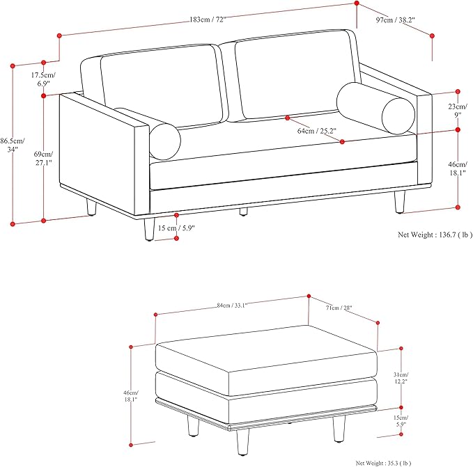 SIMPLIHOME Morrison Mid-Century Modern 72 inch Wide Sofa with Ottoman Set in Charcoal Grey Tightly Woven Performance Fabric for the Living Room and Family Room