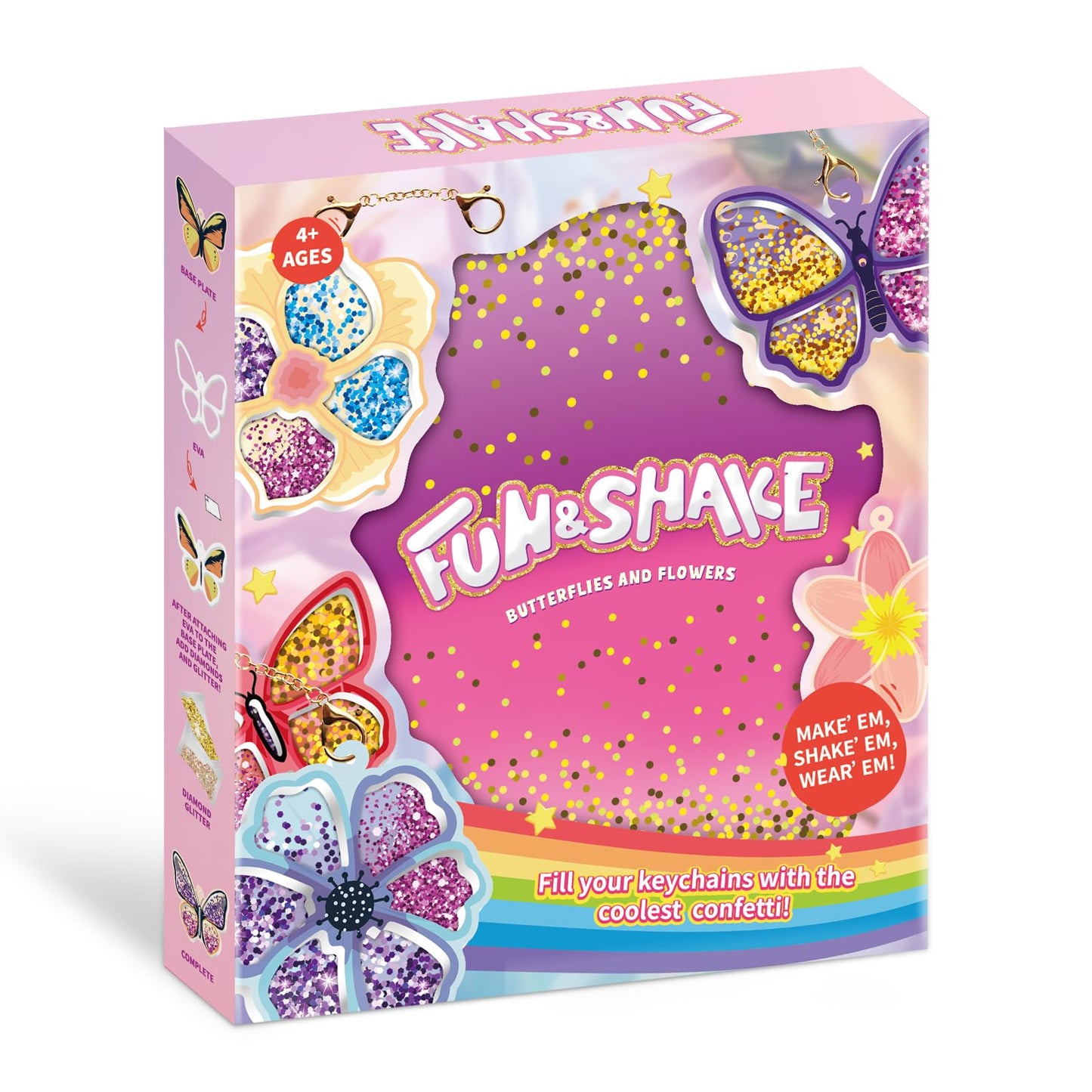 Artnedu Shake-its– Fun&Shake Kit de artesanato com Glitter para crianças, artes e artesanato DIY com chaveiros,Flowers & Butterflies,Creative Gift for Girls & Boys Ages 4, 5, 6, 7, 8, 9, 10