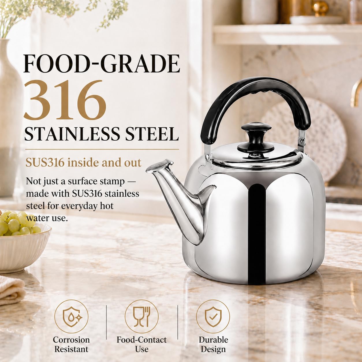 Whistling Stovetop Tea Kettle,Food Grade 316 Stainless Steel,Hot Water Fast to Boil,Stovetop Kettle with Ergonomic Handle,5.3 Quart Capacity