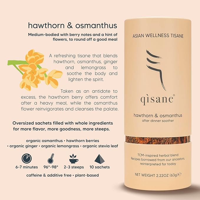 qìsane Hawthorn Berry Tea Bags with Osmanthus Flower - Dried Hawthorn Berries, Osmanthus Plant, Lemongrass & Ginger Loose Leaf Tea to Help Support Digestion & Easy Breathing - 10 sachets (~30 cups)