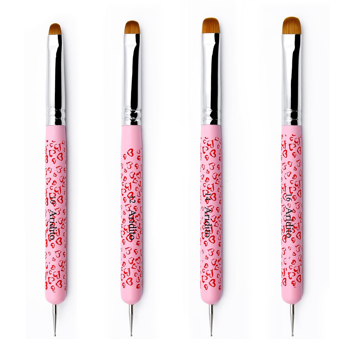Aridito 4Pcs Professional Acrylic French Manicure Clean-Up Brushes & Dotting Pens - Pink Heart Handles, Precision Tips (#10#12#14#16) for Nail Art, Cuticle Care (pink)