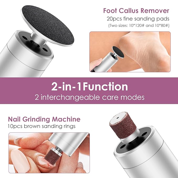 COSCOSY Electric Callus Remover for Feet, Professional 9-Speed Adjustable Foot File Rechargeable Portable 2-in-1 Dead Skin Exfoliator & Nail Grinder Kit Lightweight for Home Pedicure (Silver)