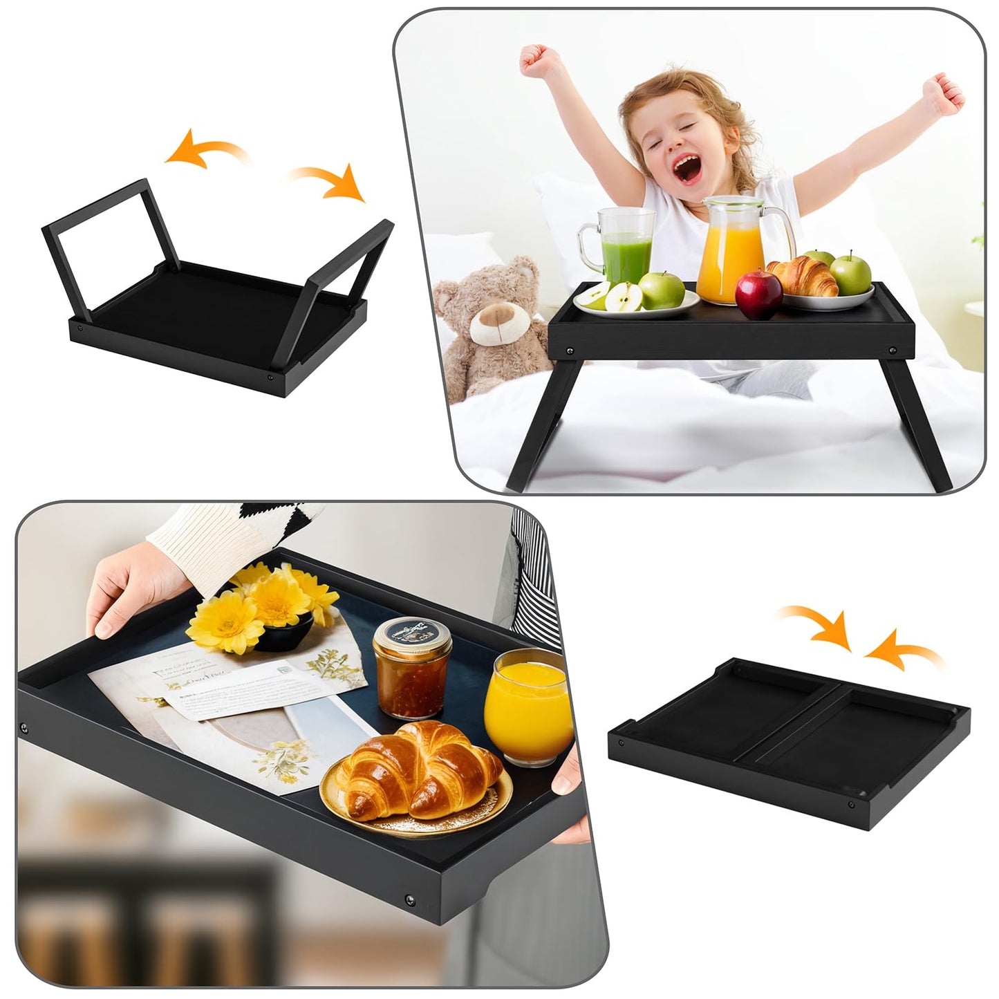 Bamboo Bed Tray Table with Folding Leg, Breakfast in Bed Tray for Eating,Kitchen Serving,Food, Sofa, Snacking or Working, Laptop Desk Dinner(1, Black)