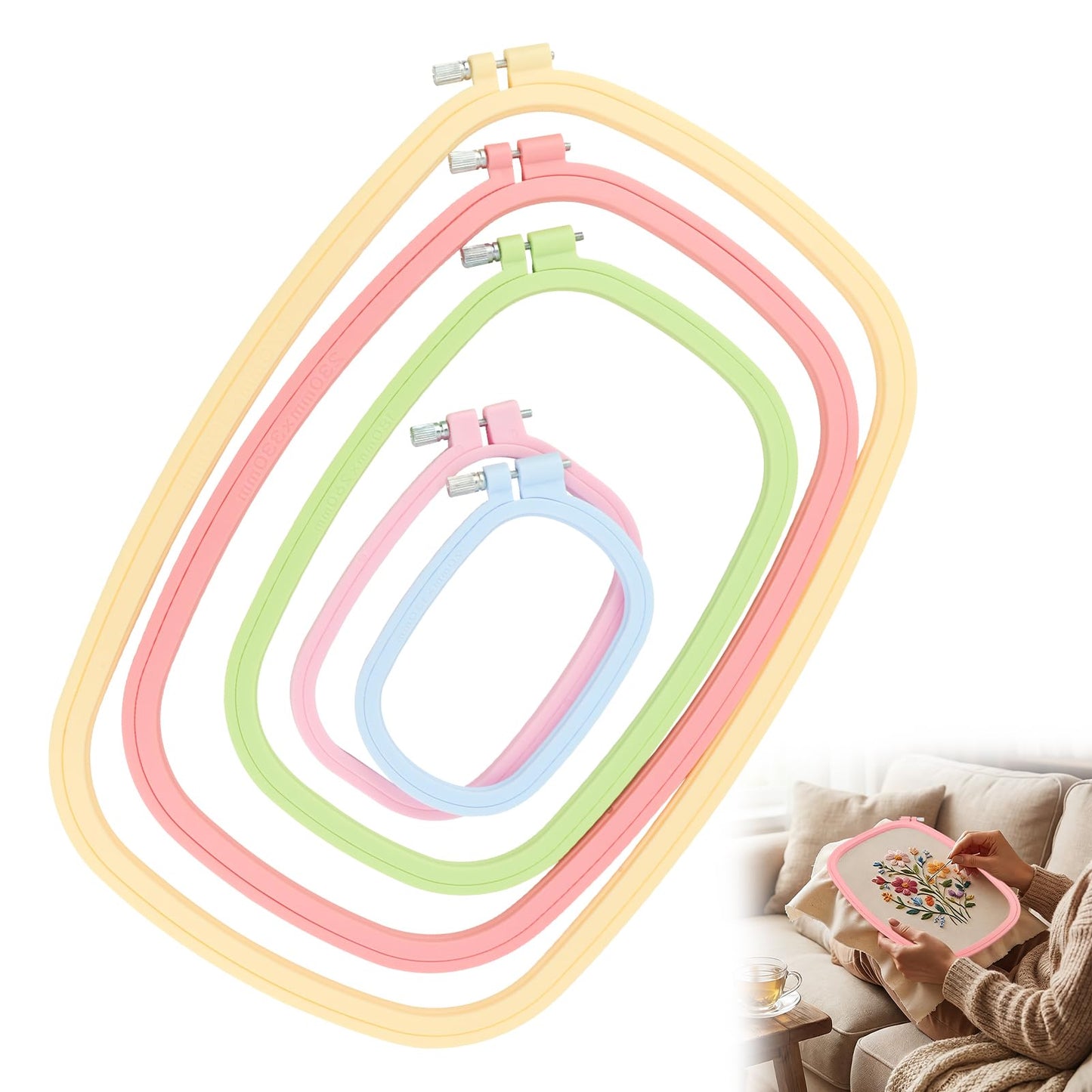 5-Pack Rectangle Embroidery Hoops Set, ABS Plastic Cross Stitch Hoops for Sewing, Needlework and DIY Projects, Reusable Embroidery Supplies, 5 Sizes (5", 6", 10", 13", 15")