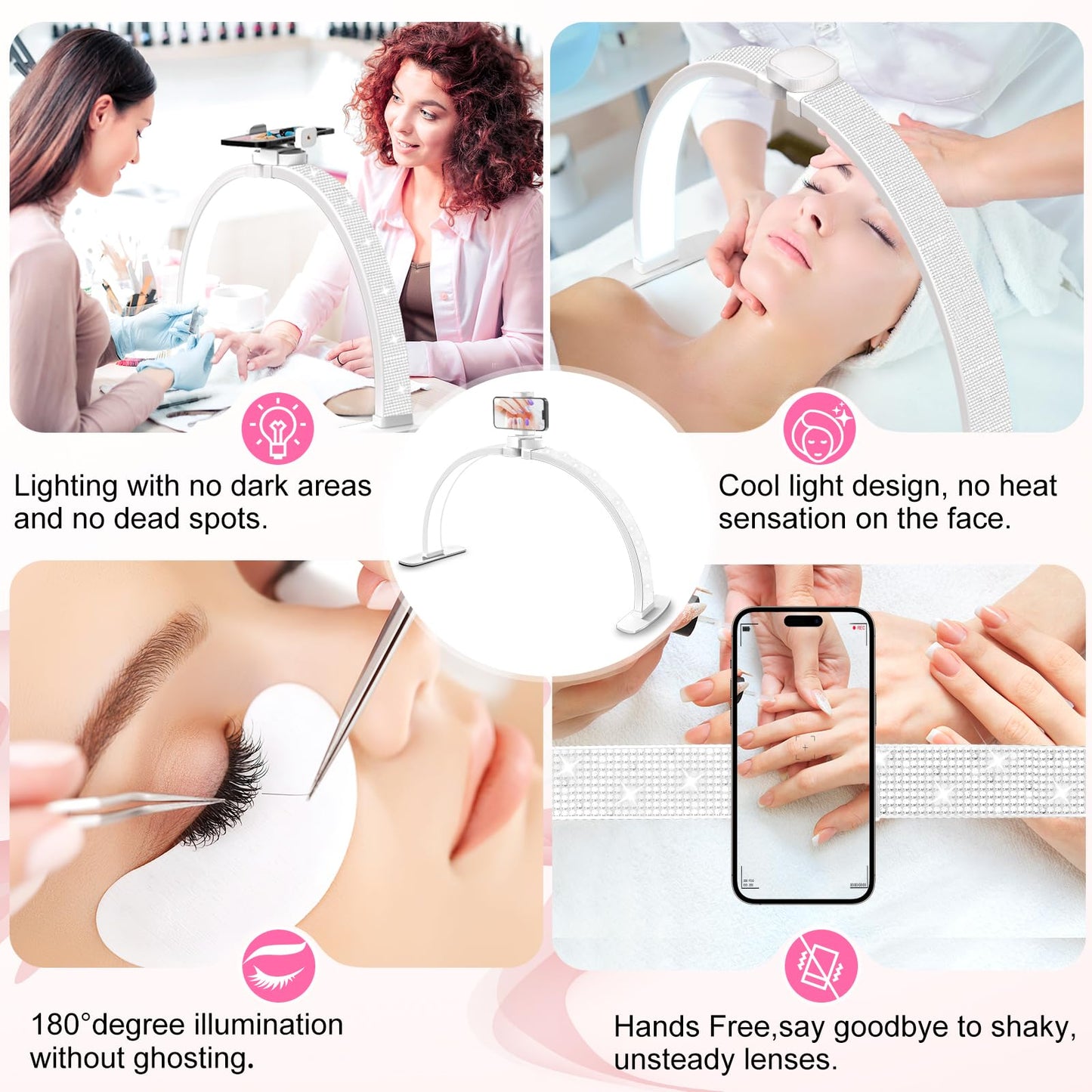 Uiopy Nail Half Moon Light: Arch Rhinestone LED 29in Moonlight with Phone Holder Stand 3 Light Colors /10 Brightness Levels - Professional Nail Salon Esthetician Media Tech(Diamond,Large)