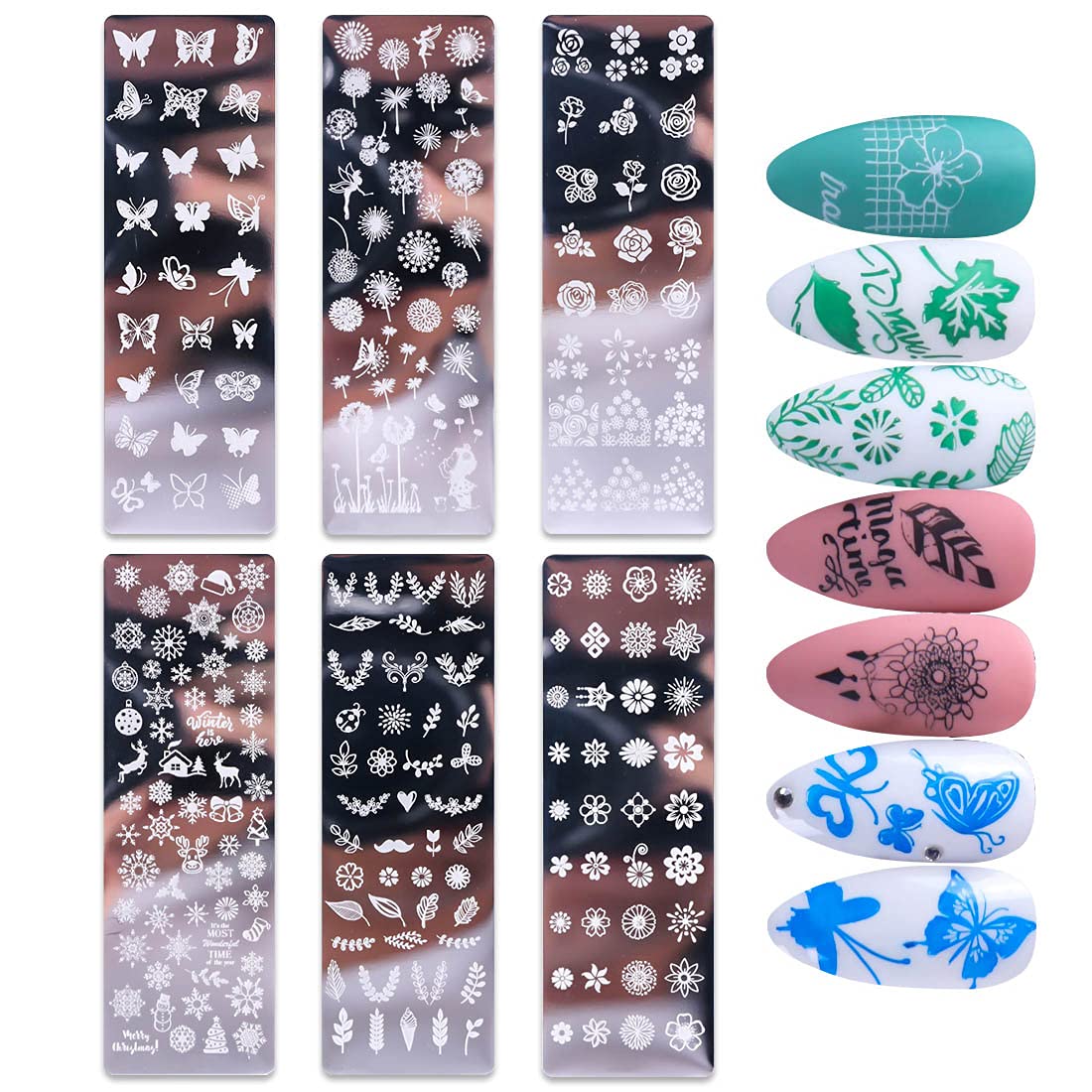 Nail Stamping Plate, DANNEASY 6 Pieces Nail Art Image Stamp Nail Template Kit With Nail Stamper, Scraper, Storage Bag (Nature Style)