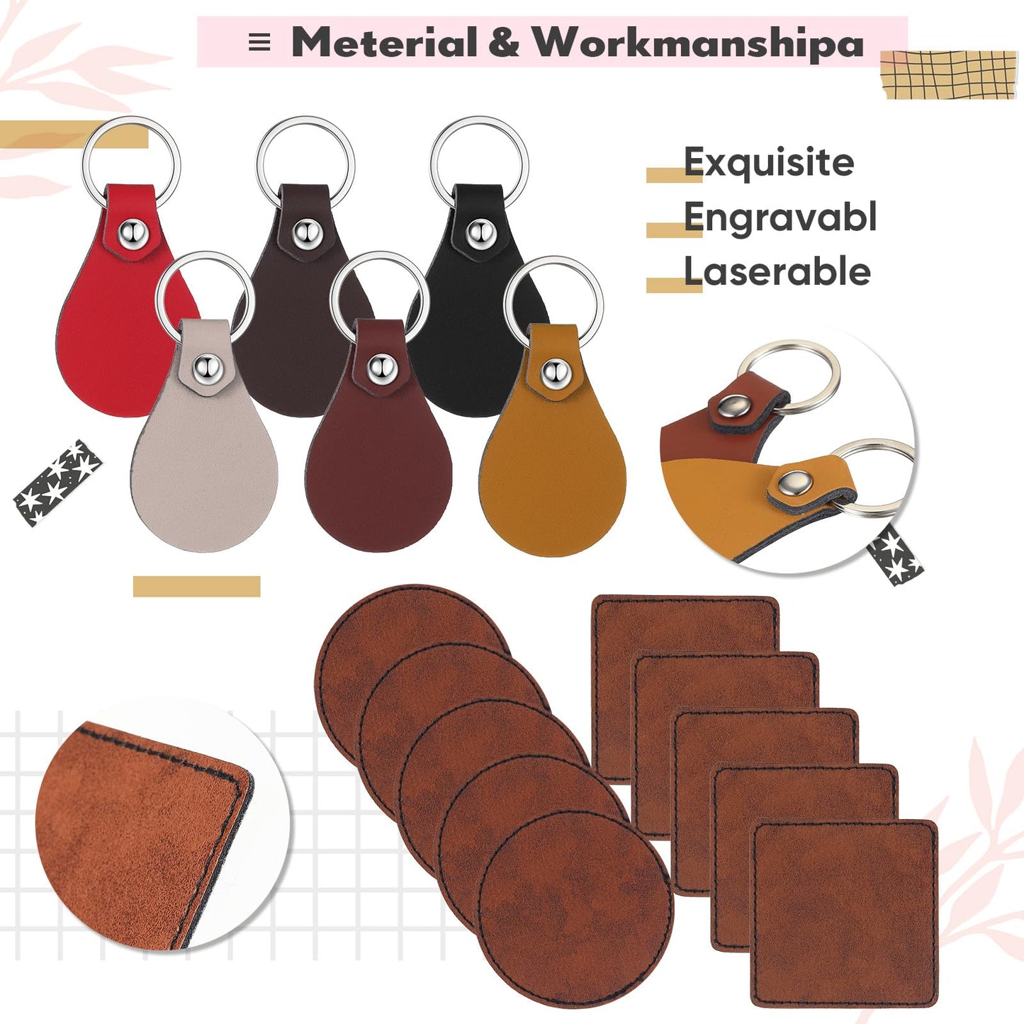 Ecation 150 Pcs Lasable Engravable Blanks 60 Leather Hat Patches 90 PU Leather Key Fob Kit Laser Blanks Keychain for DIY Custom Laser Engraving Craft Gifts Sublimation Hat Jacket Backpack(Multicolor)