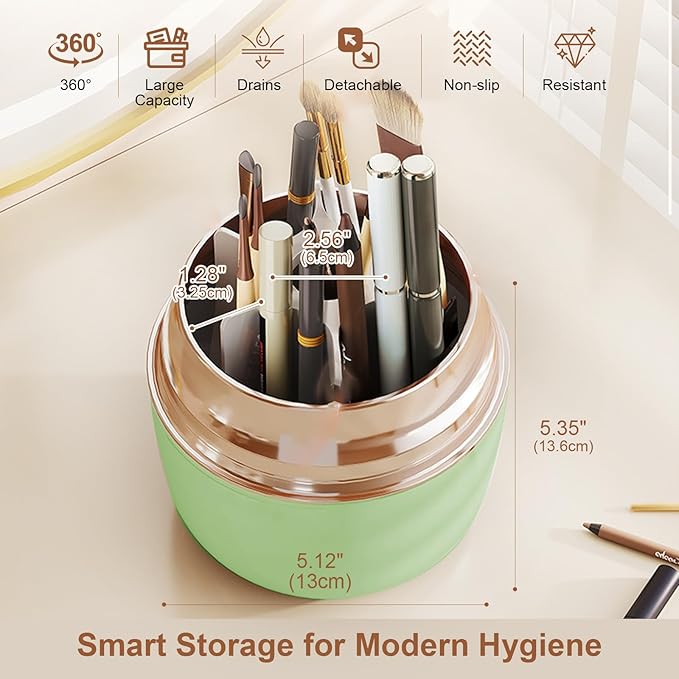 360° Rotating Toothbrush Holder with Cover, 7-Slot Bathroom Organizer for Electric Toothbrush, Toothpaste, Razors, Draining Water, Countertop Vanity Storage