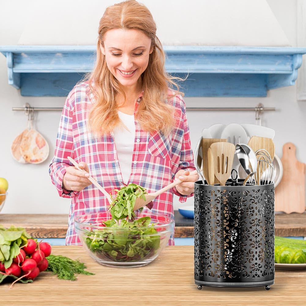 YIUKEA 360° Rotating Utensil Holder - Extra Large Cooking Utensils Caddy Counter Organizer with Instant-Dry and Removable Base for Kitchen Tools