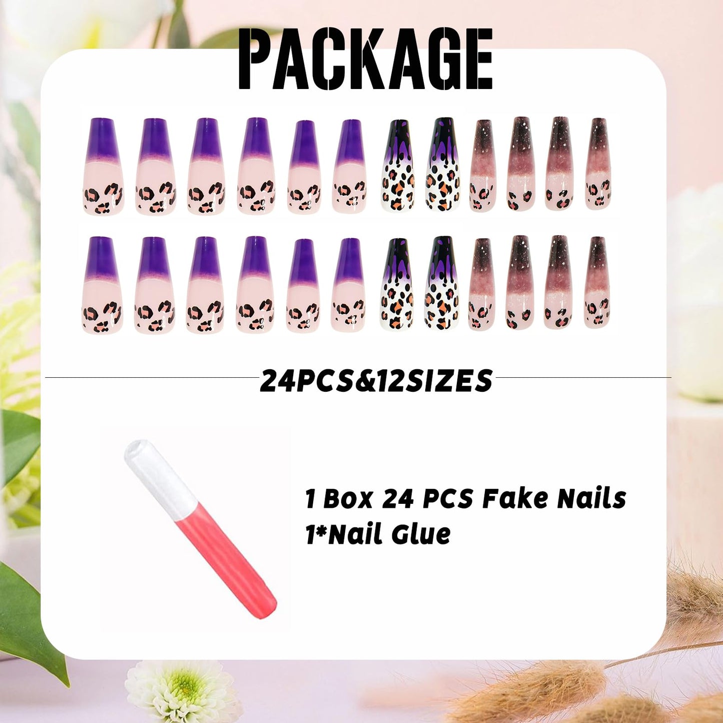 IMSOHOT Leopard Print Press on Nails Long Coffin Fake Nails Purple Gradient Acrylic Glossy False Nails Glitter Ballerina Full Cover Stick on Nails for Women Girls 24Pcs