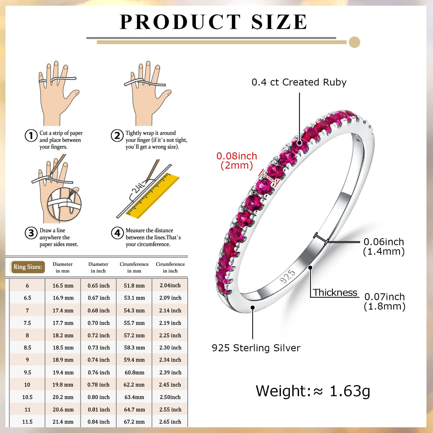 AGRULE Ruby Wedding Bands 1.4mm Wide Sterling Silver Stackable Half Eternity Band July Birthstone Inlaid Red Stone Rings for Men Women, Size 9