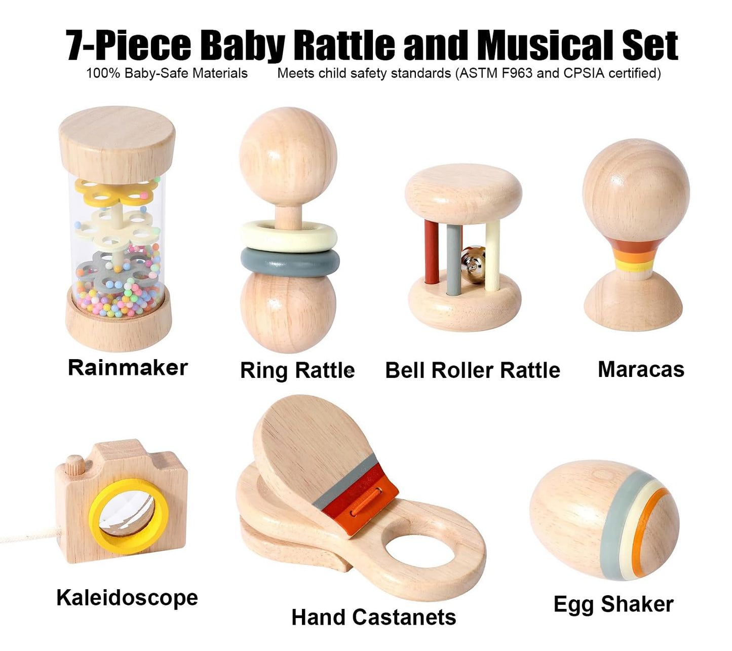 Wooden Baby Rattle Musical Set Montessori Toys for Infants 0+ Months - Rainmaker, Egg Shaker, Maracas, Ring Rattle, Bell Roller Rattle, Castanets, Kaleidoscope, Newborn Sensory Play Gift