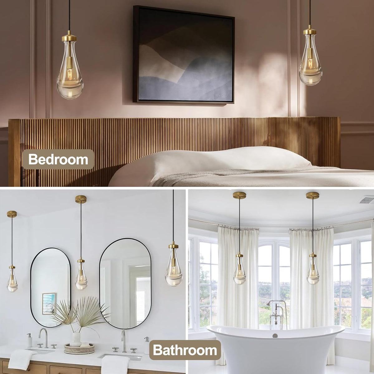 Raindrop Pendant Lights, Pendant Lights Kitchen Island, Brass Base Hanging Light Dining Room Light Fixture, Handblown Clear Kitchen Chandelier, Rope Pendant Lights for Living Room Hallway,E12 Bulb