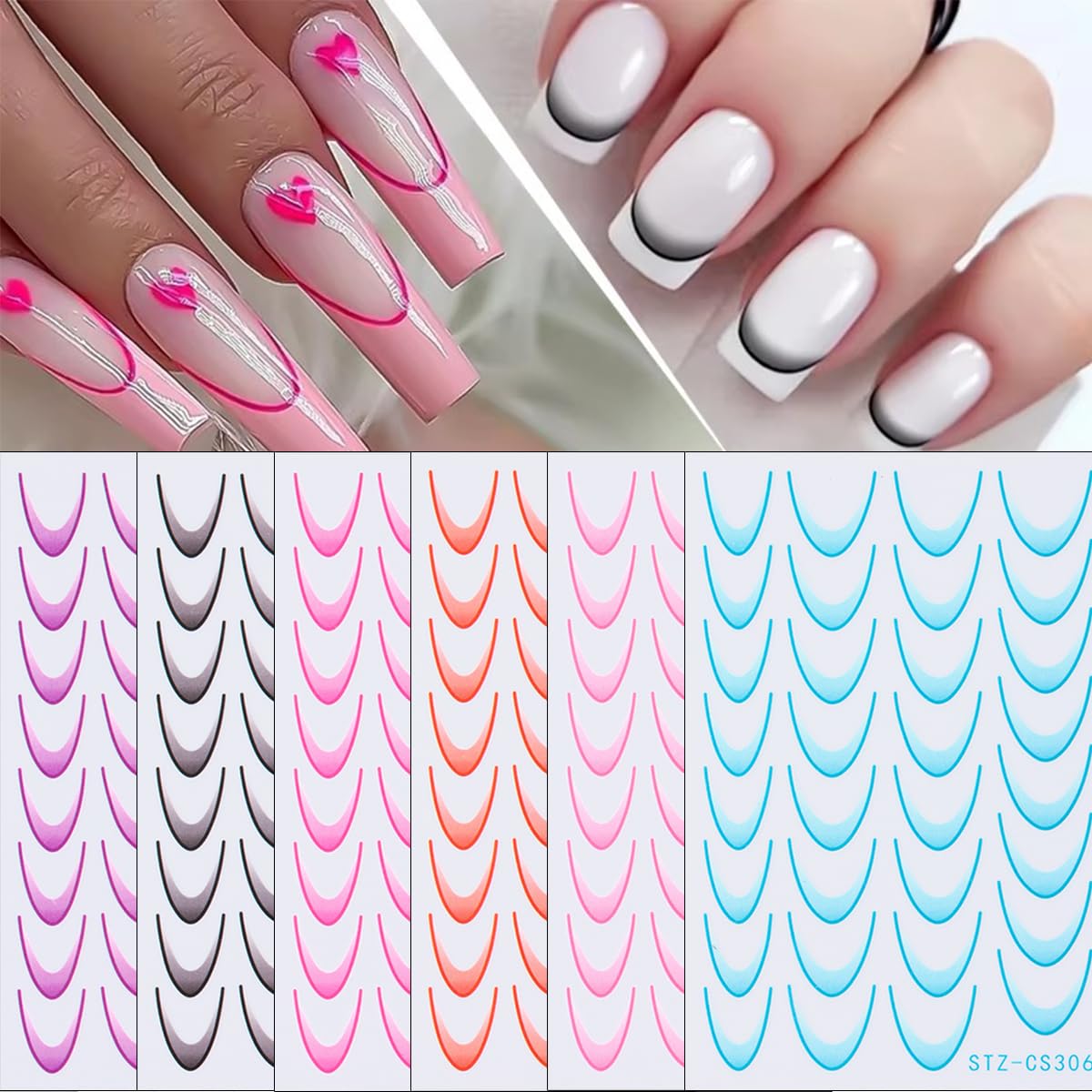 Gradient Colorful French Line Nail Art Stickers - 3D Self-Adhesive Tips Guides, Stripe Curved Lines Designs Transfer Decals for DIY Stencil Tools - 6Pcs