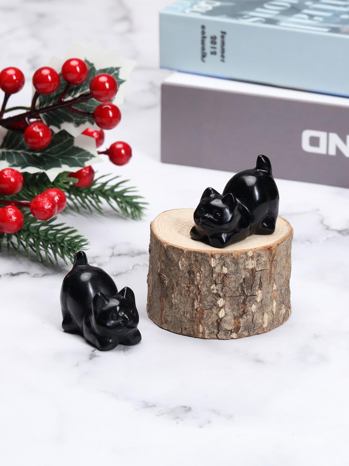 MANIFO Black Obsidian Crystal Cat Figurine for Cat Lovers Cute Gemstone Cat Ornaments for Home Office Cat Statue Gifts