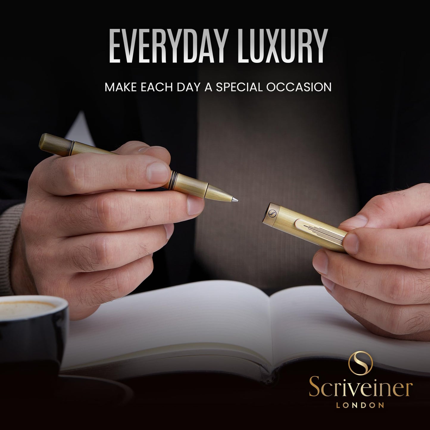Scriveiner Brass EDC Luxury Rollerball Pen, Stunning Heavy Pocket Rollerball, Hand Brushed Bronze Finish, Best Writing Gift for Men, Women, German Schmidt Refill, Fancy Office & Designer Pen